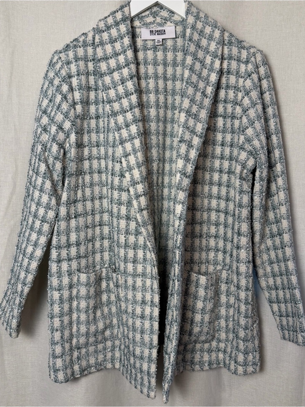BB Dakota By Steve Madden Open-Front Tweed Blazer in Sea Mist